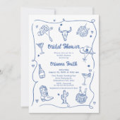 ブルーお洒落ハンドドロー女性のカーボーイブライダルシャワー 招待状 (正面)