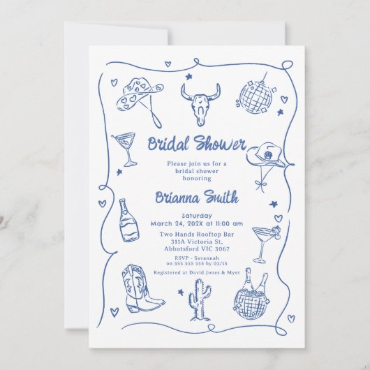 ブルーお洒落ハンドドロー女性のカーボーイブライダルシャワー 招待状 (正面)