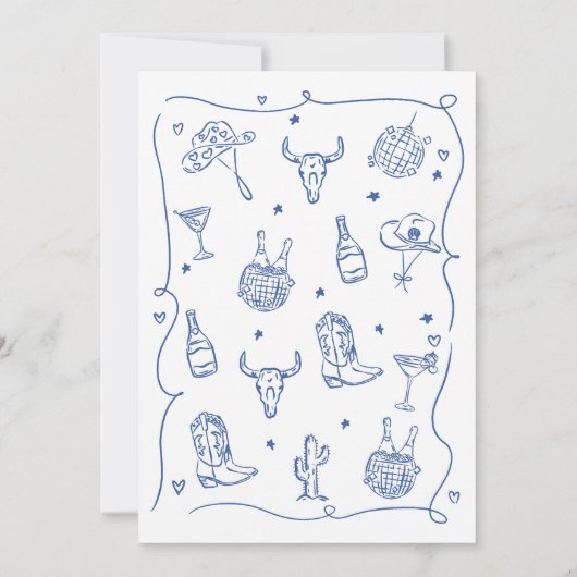 ブルーお洒落ハンドドロー女性のカーボーイブライダルシャワー 招待状 (裏面)