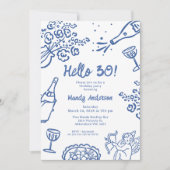 ブルーお洒落ハンドドロー30歳の誕生日パーティー 招待状 (正面)