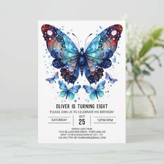 ブルーお洒落バタフライボーイ誕生日 招待状 (スタンド正面)