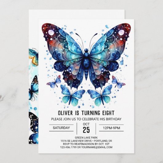 ブルーお洒落バタフライボーイ誕生日 招待状 (正面/裏面)
