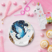 ブルーお洒落バタフライ誕生日 ペーパープレート (パーティー)