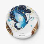 ブルーお洒落バタフライ誕生日 ペーパープレート (正面)