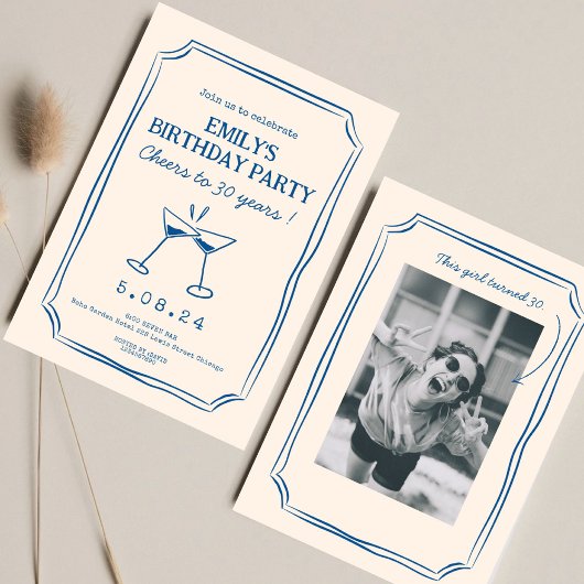 ブルーお洒落ファンキー応援ビアーズ30誕生日 招待状