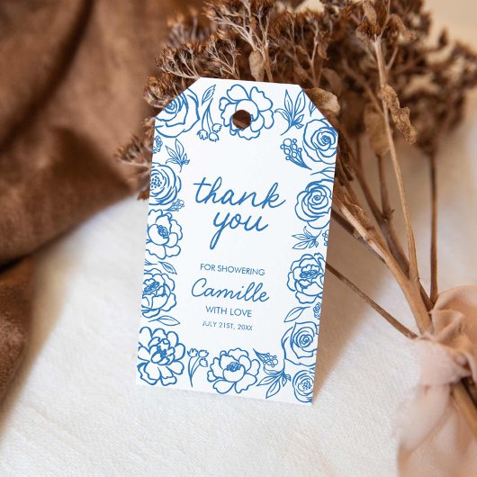 ブルーお洒落フローラサンキューメッセージカード ギフトタグ