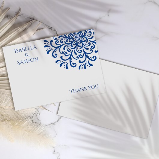 ブルーお洒落フローリッシュサンキューカード サンキューカード