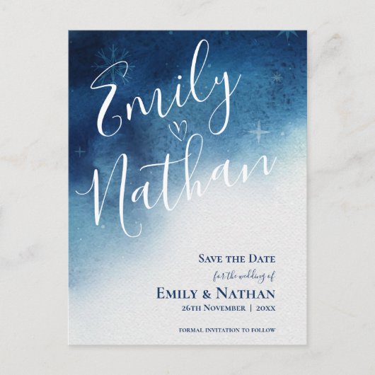 ブルーお洒落ホワイトスノーフレークエレガンス結婚ズ 案内ポストカード (正面)