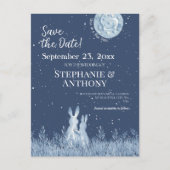 ブルーお洒落ラビットバニームーンスターズ結婚 案内ポストカード (正面)