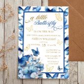 ブルーお洒落金ゴールドバタフライガールベビーシャワー 招待状