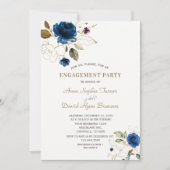 ブルーお洒落金ゴールドフローラモノグラム婚約 招待状 (正面)