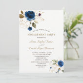 ブルーお洒落金ゴールドフローラモノグラム婚約 招待状 (スタンド正面)