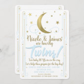 ブルーお洒落金ゴールドムーンスターズ双子ベビーシャワー 招待状 (正面/裏面)