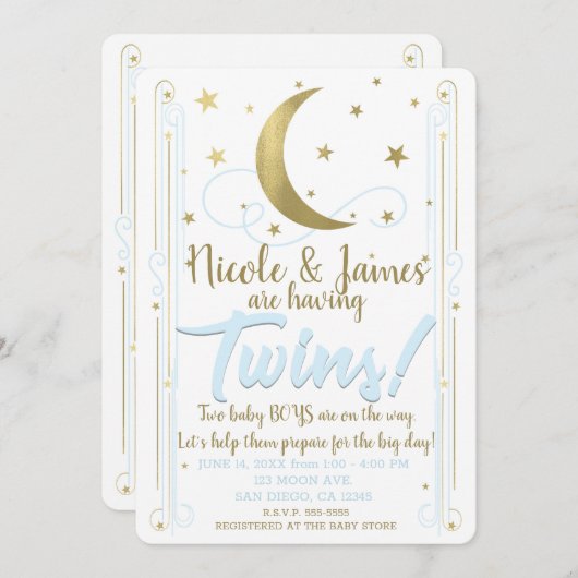 ブルーお洒落金ゴールドムーンスターズ双子ベビーシャワー 招待状 (正面/裏面)