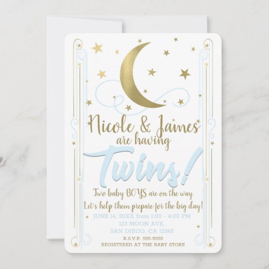 ブルーお洒落金ゴールドムーンスターズ双子ベビーシャワー 招待状 (正面)