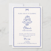 ブルーお洒落、お誕生日ケーキ、誕生日パーティー 招待状 (正面)