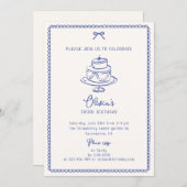 ブルーお洒落、お誕生日ケーキ、誕生日パーティー 招待状 (正面/裏面)