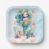 ブルーお洒落&ピンクマーメイド誕生日紙プレート ペーパープレート (正面)