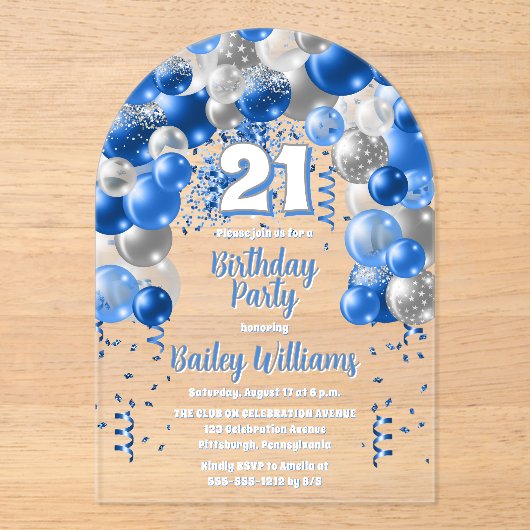 ブルーお祝いバルーン21歳の誕生日パーティー アクリル招待状 (正面)