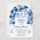 ブルーお祝いバルーン21歳の誕生日パーティー 招待状 (正面)