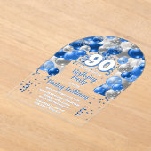 ブルーお祝いバルーン90th誕生日パーティー アクリル招待状 (レイダウン)