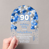 ブルーお祝いバルーン90th誕生日パーティー アクリル招待状 (インサイチュ (ポータブル))