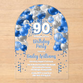 ブルーお祝いバルーン90th誕生日パーティー アクリル招待状 (正面)