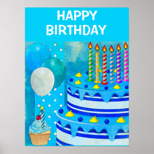 ブルーお誕生日ケーキポスター ポスター