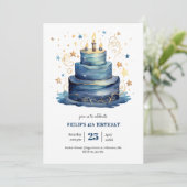 ブルーお誕生日ケーキ誕生日 招待状 (スタンド正面)