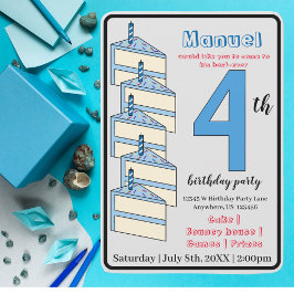 ブルーお誕生日ケーキ4th誕生日パーティーキッズ 招待状