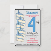 ブルーお誕生日ケーキ4th誕生日パーティーキッズ 招待状 (正面)