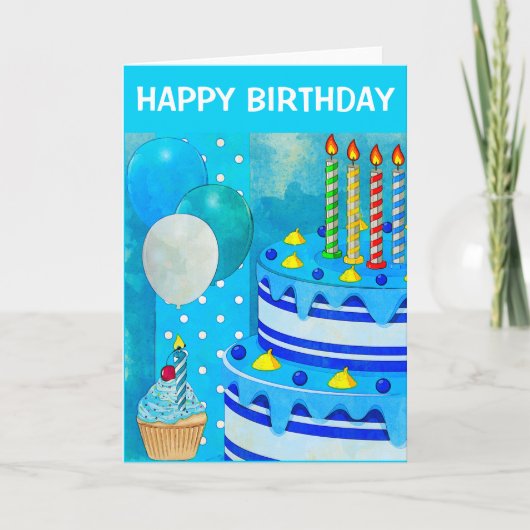 ブルーお誕生日ケーキ カード (正面)