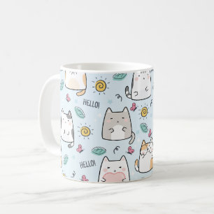 ブルーかわいいかわいい猫ハローパターン コーヒーマグカップ