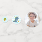 ブルーかわいい恐竜ボーイ誕生日写真名かわいい コンフェッティ (正面)