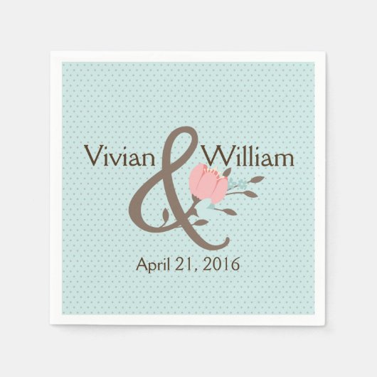 ブルーかわいらしアンドコーラルフローラズ結婚ナプキン スタンダードカクテルナプキン (正面)