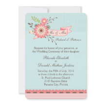 ブルーかわいらしアンドコーラルフローラ結婚式招待状