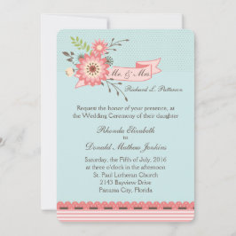 ブルーかわいらしアンドコーラルフローラ結婚式招待状 招待状