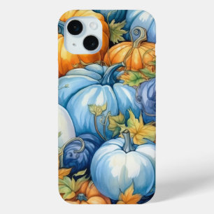 ブルーかわいらしオレンジホワイト秋秋カボチャ iPhone 15 MINIケース