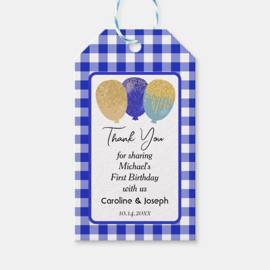 ブルーかわいらしギンガム&3グリッターバルーン誕生日 ギフトタグ (正面)