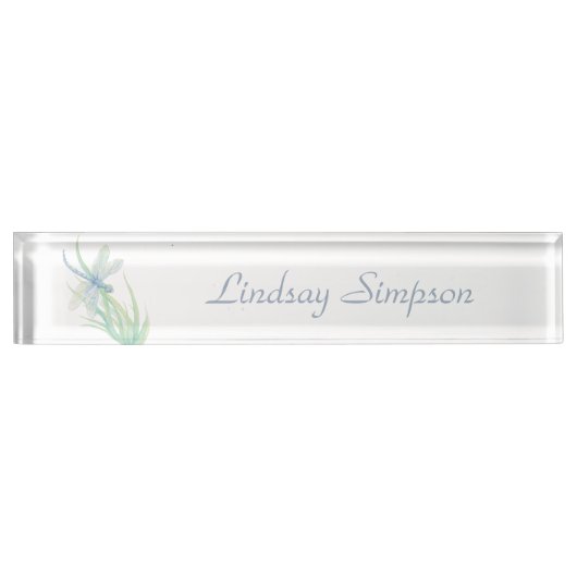 ブルーかわいらしグリーンドラゴンフライ名前をカスタムするアート デスクネームプレート (正面)