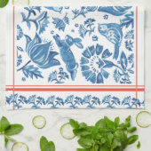 ブルーかわいらしコーラルラビットバードフォークカントリーフローラ キッチンタオル (折り畳み)