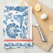 ブルーかわいらしコーラルラビットバードフォークカントリーフローラ キッチンタオル (四つ折り)