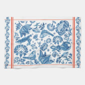 ブルーかわいらしコーラルラビットバードフォークカントリーフローラ キッチンタオル (横)