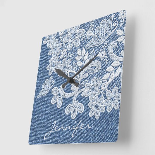 ブルーかわいらしジーンデニムレースウォールクロック スクエア壁時計 (傾斜)