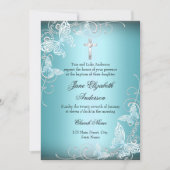 ブルーかわいらしスワールバタフライ&クロスバプテスマ招待状 招待状 (正面)