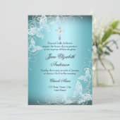 ブルーかわいらしスワールバタフライ&クロスバプテスマ招待状 招待状 (スタンド正面)