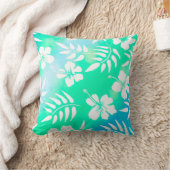 ブルーかわいらしティール(緑がかった色)&ホワイトアロハハワイアンスタイル クッション (ブランケット)