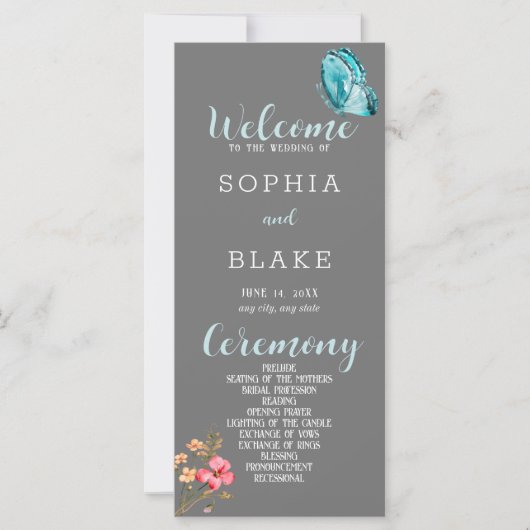 ブルーかわいらしバタフライグレー結婚式 プログラム (正面)