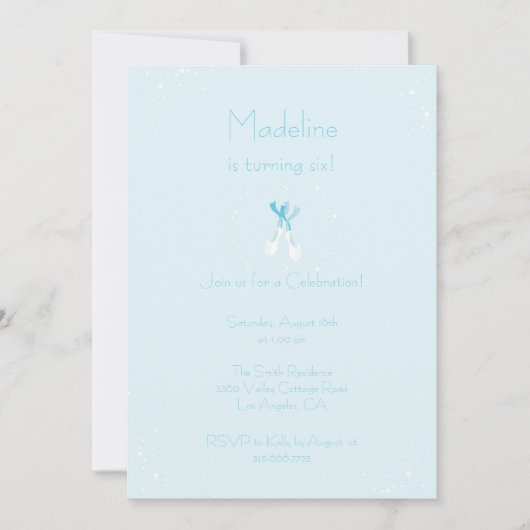 ブルーかわいらしバレエスリッパ誕生日招待状 招待状 (正面)
