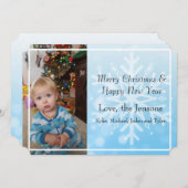 ブルーかわいらしパーソナライズスノーフレーク写真クリスマス 招待状 (正面/裏面)